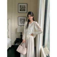 批发新中式国风杏色v领雪纺衬衫女2025秋季新款泡泡袖绣花上衣