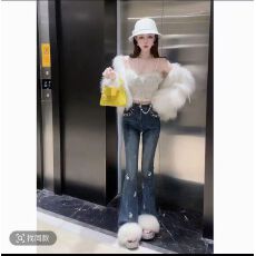 批发欧货2025秋季新款轻奢时尚高腰显瘦<b class='q'>烫钻</b>微喇<b class='q'>牛仔裤</b>洋气百搭长裤