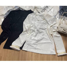 批发新中式国风提花长袖<b class='q'>T</b><b class='q'>恤</b>女新款轻奢修身百搭拼接水貂毛加绒打底衫