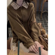 批发网红同款2025秋季新款美拉德<b class='q'>蕾丝</b><b class='q'>刺绣</b>翻领绑带麂皮绒皮衣夹克外套