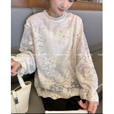 批发2025秋冬新款钉珠长袖<b class='q'>蕾丝</b>衫女直筒钩花里衬双层洋气性感圆领体恤