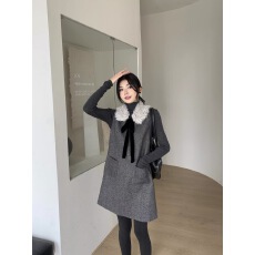 批发小香风两件套蝴蝶结毛领2025冬韩版宽松显瘦百搭背心裙打底衫套装