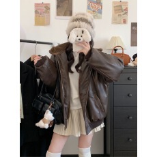 批发妈个鸡妈MGJM美式复古仿兔毛pu皮棉衣外套冬季宽松连帽棉服女短款