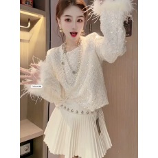 批发网红爆款韩版名媛气质亮片毛毛袖轻奢上衣女秋冬季时尚<b class='q'>白色</b>衬衫潮