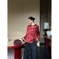 批发新中式国风水貂毛正肩衬衫女2025秋冬款<b class='q'>大码</b>胖mm醋酸缎面提花上衣