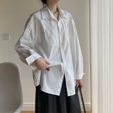 批发2025<b class='q'>秋</b>冬提花刺绣单排扣翻领宽松中长款衬衫女设计感显瘦