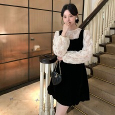 批发陈六六CHENLIULIU【留洋千金】法式气质<b class='q'>蕾丝</b>打底丝绒无袖背心裙