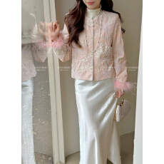 批发鸵鸟毛马甲女小香风亮片刺绣<b class='q'>西装</b>2025秋季新款新中式丝绒夹克上衣