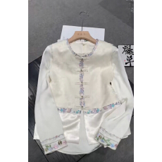 批发新中式国风撞色拼接盘扣立领外套女春秋季高级感气质薄款长袖衬衣