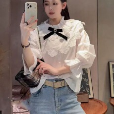 批发深圳南油高端女装2026早春新款欧货法式拼立领蝴蝶结喇叭袖衬衫
