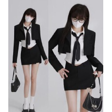 批发辣妹风西装短外套领带不规则短衬衫衬衣露腰迷你半身裙短学院套装