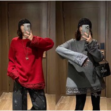 批发2025秋冬季纯色蕾丝花边圆领<b class='q'>卫衣</b>女中<b class='q'>长款</b>遮屁股减龄洋气内搭上衣