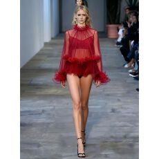 批发柚子mm新款辣妹风V领长袖<b class='q'>网纱</b>衫女荷叶边系带透视蕾丝衫性感<b class='q'>上衣</b>