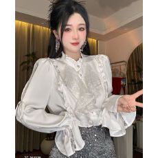 批发法式学院风<b class='q'>蝴蝶结</b>系带<b class='q'>衬衫</b>女白色长袖蕾丝拼接上衣