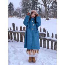 批发2025春秋星月牛角扣湖蓝连帽毛呢女外套女小个子<b class='q'>甜美</b>中长款大衣潮