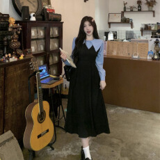 批发新款假两件套捻丝乱麻新款复古学院假两件连衣裙翻领收腰显瘦长裙