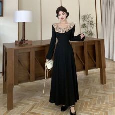 批发春秋法式赫本风黑色长袖<b class='q'>连衣裙</b>大码胖mm收腰显瘦气质晚会礼服长裙