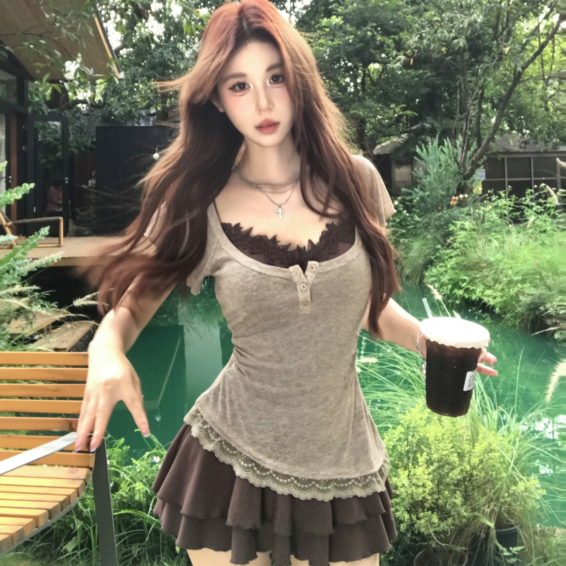 FA31736# 九可可拿铁真两件纯欲蕾丝连衣裙女夏季收腰设计裙子