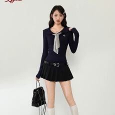 批发白小鱼原创miu系高智感条纹系带长袖T恤女春秋修身内搭<b class='q'>打底</b>衫<b class='q'>上衣</b>