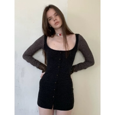 批发杂食universe 复古织物<b class='q'>可爱</b>俏皮拼接修身长袖<b class='q'>连衣裙</b>包臀短裙子女