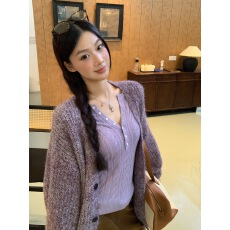 批发红人馆针织开衫女秋冬穿搭2025新款慵懒风上衣紫色高级感毛衣<b class='q'>外套</b>