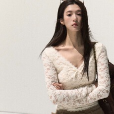 批发OAKMOO/V领修身蕾丝镂空针织衫打底衫女秋<b class='q'>冬</b>百搭保暖长袖内搭上衣