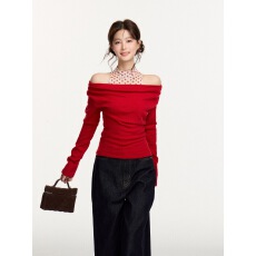 批发谢不肉 一字肩修身红色T恤女<b class='q'>冬</b>季韩系半高领内搭无袖网纱背心套装