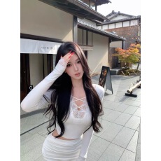 批发JAYKY YANG温莎千金蕾丝V领绑带针织上衣褶皱修身包臀裙<b class='q'>套装</b>