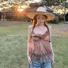 批发番茄侠 美辣假期 微透肤木耳边咖棕/黑可调节肩带<b class='q'>雪纺</b><b class='q'>吊带</b>背心女