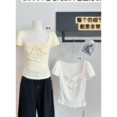 批发夏季新款显瘦U领花边芭蕾风T恤女设计感小众甜妹短袖纯棉上衣女