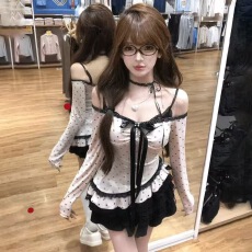 批发早秋收腰显瘦设计感纯欲风辣妹不规则<b class='q'>波点</b>上衣+吊带<b class='q'>连衣裙</b>套装女