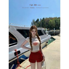 批发迟伞伞26/ss 林檎软糖 jor*a印花苹果长袖/短袖tee车厘子红<b class='q'>短裤</b>