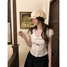 批发PtonUmi3/18晚8点上新<b class='q'>波点</b>娃娃领蝴蝶结短袖<b class='q'>衬衫</b>上衣