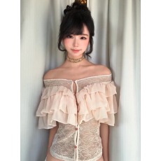 批发性感纯欲风蕾丝一字肩雪纺衬衫<b class='q'>女</b>夏季设计感修身显瘦露肩抹胸上衣