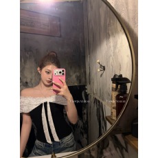 批发番茄侠coco芭蕾黑白撞色蕾丝蕾丝飘带<b class='q'>一字肩</b><b class='q'>上衣</b>女小香风无袖<b class='q'>上衣</b>