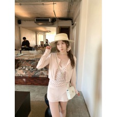 批发孔真烦呐 早春漂亮<b class='q'>套装</b>纯欲波点<b class='q'>蕾丝</b>V领吊带长袖外搭针织衫半身裙