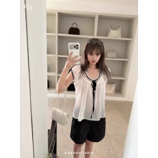 批发CEEYOU撞色系带抽领100莱赛尔小衫夏
