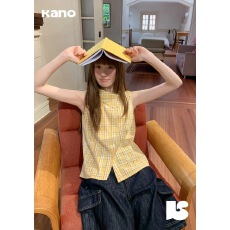 批发你好卡农 设计感翻领无袖<b class='q'>衬衫</b>女夏季新款格纹小衫休闲百搭<b class='q'>上衣</b>潮