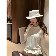 批发PtonUmi奶芙啵啵 波点<b class='q'>娃娃领</b>长袖<b class='q'>T</b>女秋冬木耳花边内搭上衣打底衫
