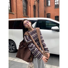 批发区区欧阳 条纹针织长袖T恤女秋季圆领内搭打底衫<b class='q'>宽松</b>复古慵懒上衣