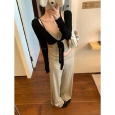 批发e go studio 细条纹吊带<b class='q'>上衣</b>内搭+翻腰休闲长裤阔腿裤女秋冬套装