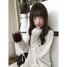 批发你好卡农 撞色插肩波点抽绳<b class='q'>长袖</b><b class='q'>t</b><b class='q'>恤</b>女秋新款宽松显瘦慵懒风上衣