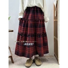 批发红色格子半身裙女秋冬季中长款高腰a字伞裙小个子复古格纹蛋糕裙