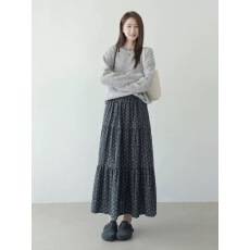 批发2025秋冬季新款碎花拼接蛋糕裙松紧腰a字裙文艺显瘦中长款半身裙