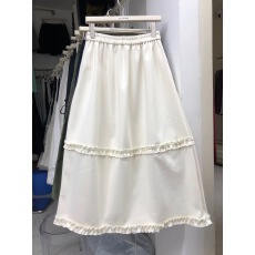 批发秋冬十三行女装韩系气质甜美松紧腰花边毛呢花苞白色半裙a字长裙