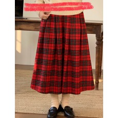 批发氛围感红色撞色格子格纹百褶a字中长款羊毛复古学院<b class='q'>半身裙</b>