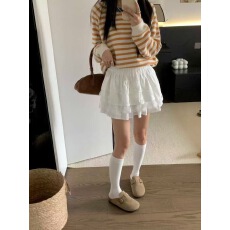 批发2025年秋冬新款韩系甜美简约高腰半身裙女拼接<b class='q'>蕾丝</b>荷叶边<b class='q'>短裙</b>潮