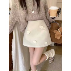 批发立体花朵加厚毛呢半身裙大码<b class='q'>秋</b>冬显瘦高腰遮胯a字短裙百搭包臀裙