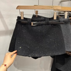 批发韩系亮闪闪开叉毛呢半身裙女冬裙高腰显瘦A字裙小个子包臀短裙潮