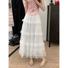 批发韩版白色<b class='q'>蕾丝</b>蛋糕半身裙女夏季2026新款高腰宽松a字中长裙子